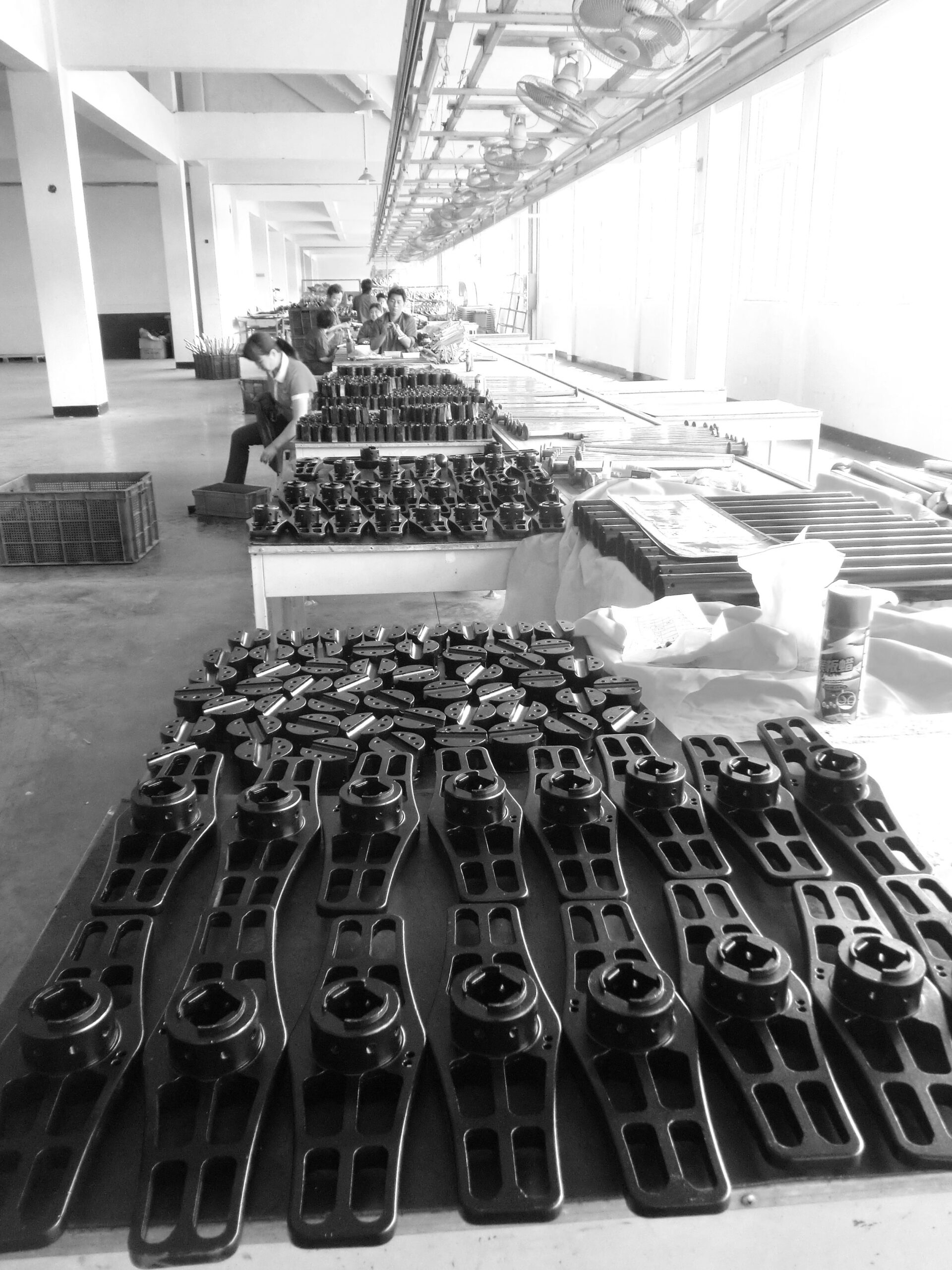 Sample batches for inspection of a production run of cast aluminium parts in Jinhua, China.