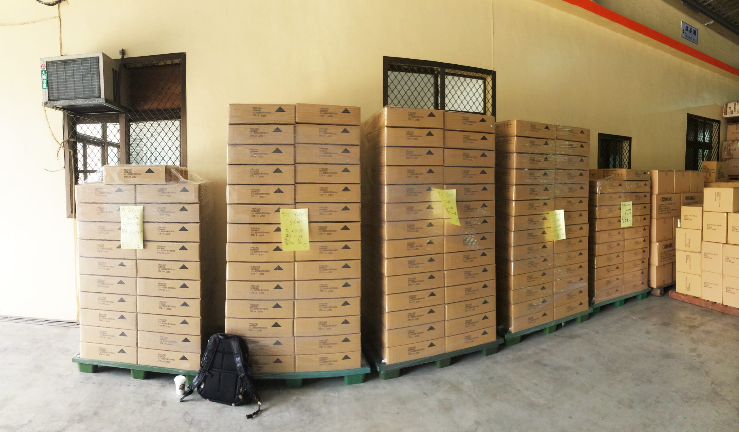 A consignment of gutter scoops ready for export in the supplier warehouse in Taichun, Taiwan.